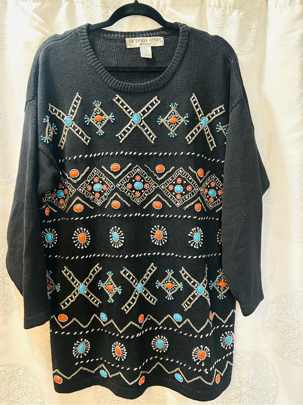 VTG Victoria Jones Beaded Black Sweater Tunic with Turquoise & Coral Women 2X